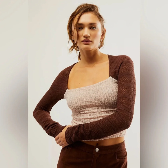 Free People - Knit Two Tone Ruched Square Neck Crop Sz: M - Picture 1 of 10